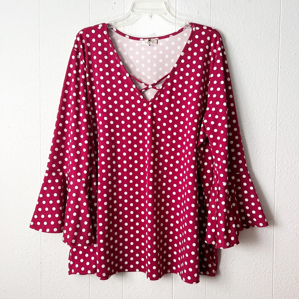 MISIA Polka Dot Red White Womens Top 3X Stretch Ruffle Sleeve V-Neck Dressy